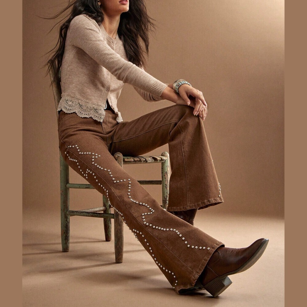 Brown Western Studded Bell Flare Extra Long Denim Jeans